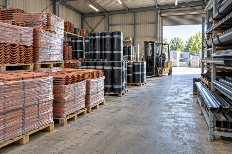 Tatlısu’daki depoda kiremit paletleri, membran ruloları ve forklift