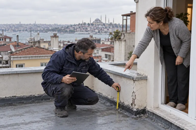 Ustabaşı terasta şerit metreyle ölçü alıyor, ev sahibi çatlamış köşeyi gösteriyor