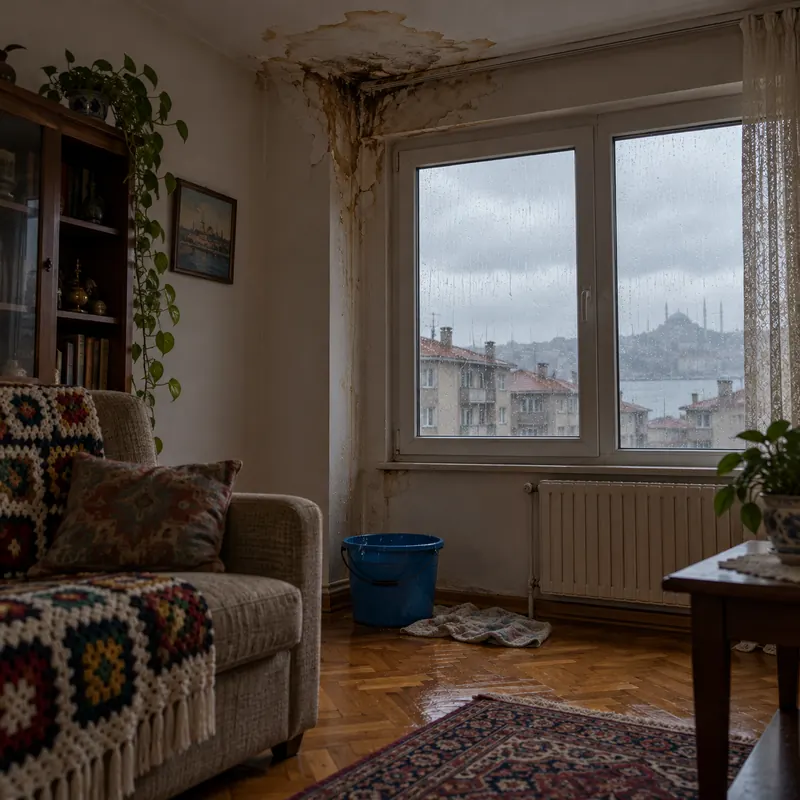 Yağmurlu günde salon tavanında su lekesi ve damlayan suyu toplayan kova