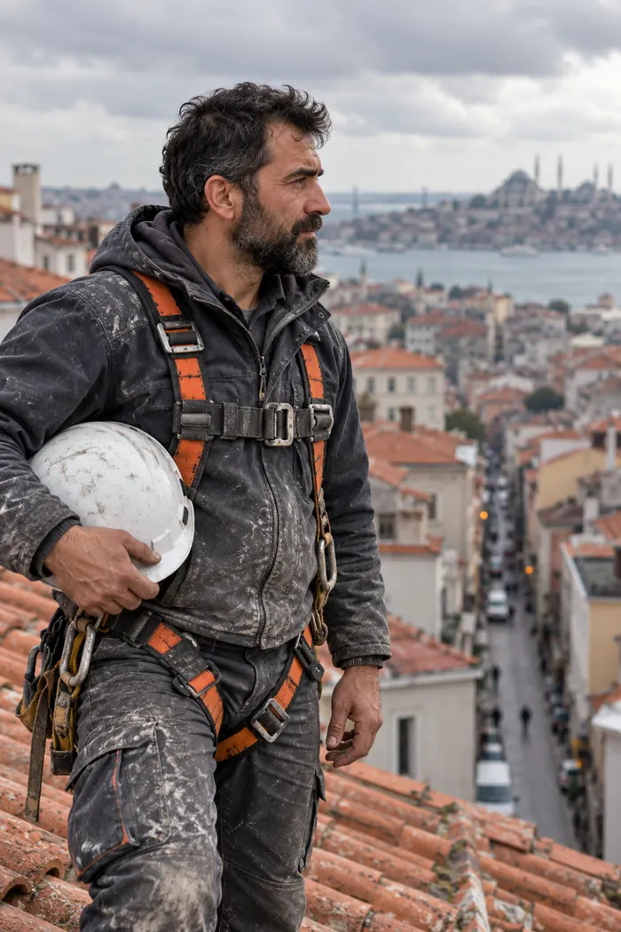 Saha şefi Erkan Doğru çatıda, emniyet kemeriyle